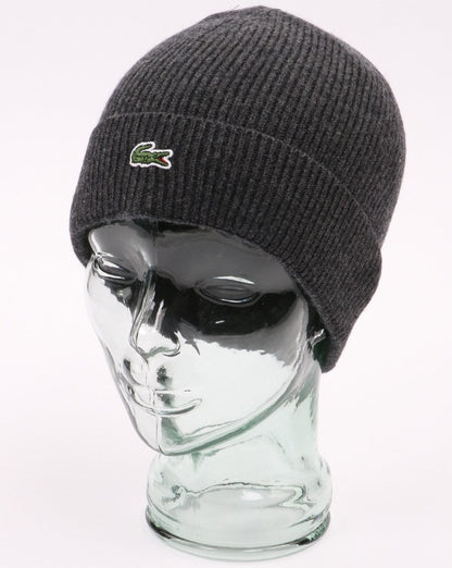 Lacoste Turn Up Ribbed Wool Beanie Dark Grey