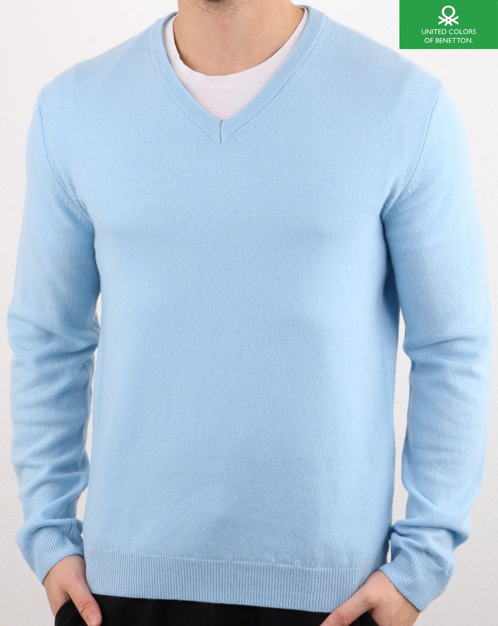 Benetton Merino Wool V-Neck Jumper Blue