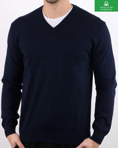 Benetton V-Neck Cotton Jumper Navy