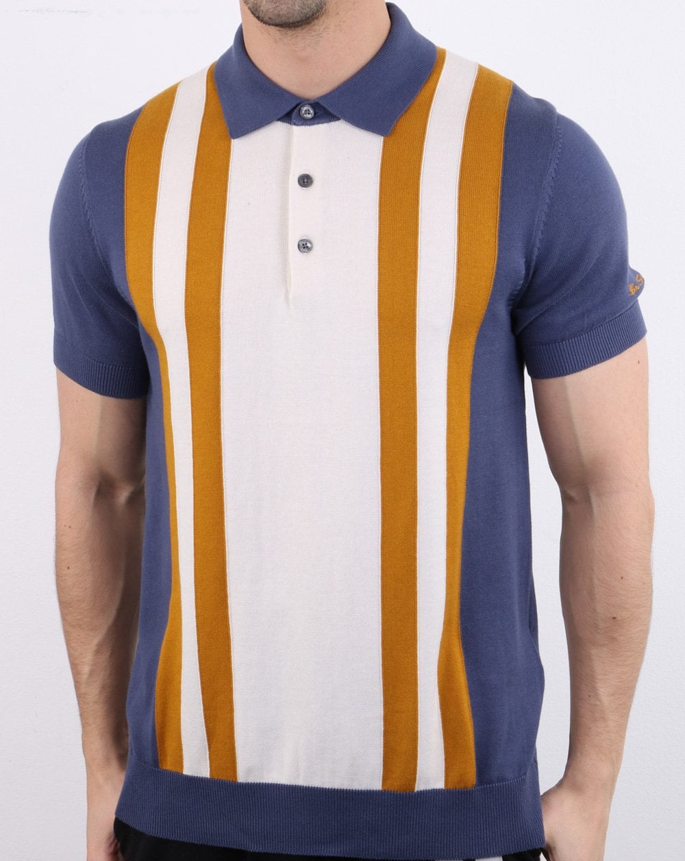 Ben Sherman Mod Stripe Knit Polo Shirt Light Indigo