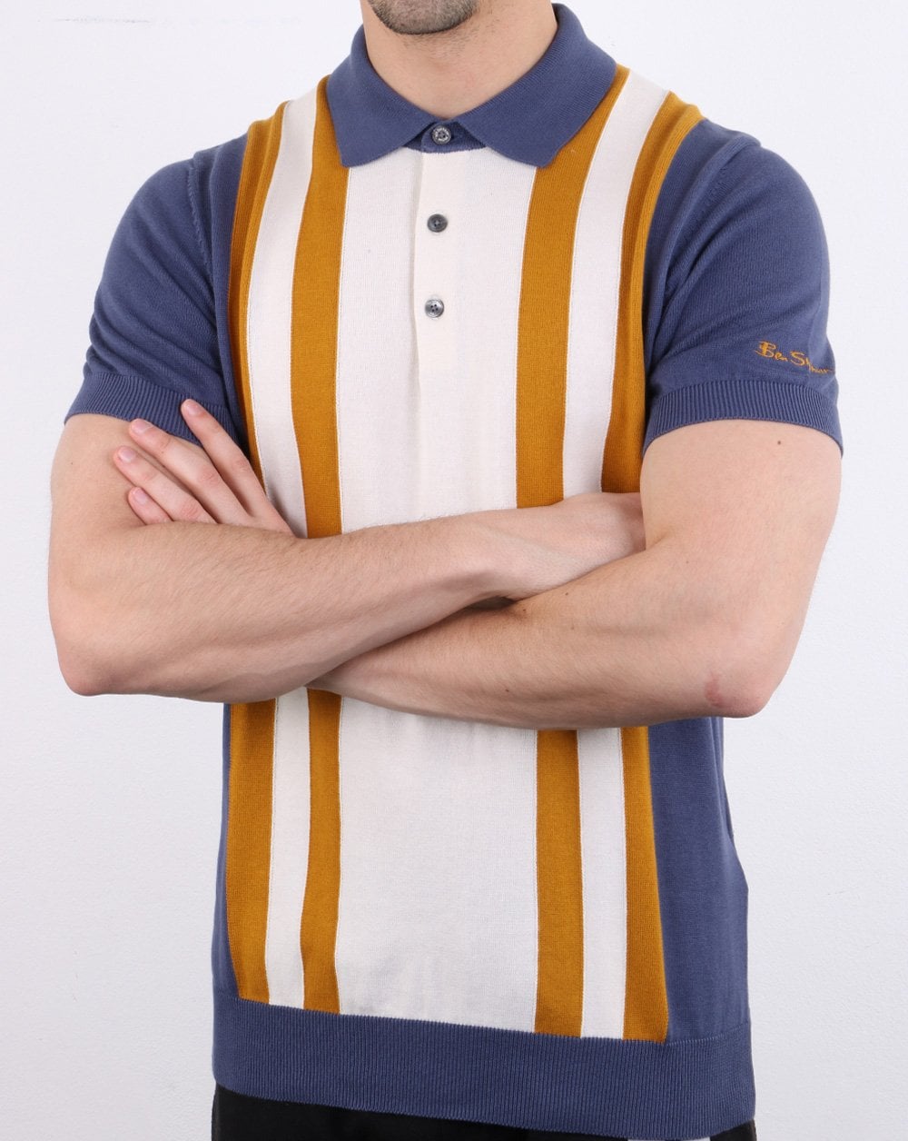 Ben Sherman Mod Stripe Knit Polo Shirt Light Indigo