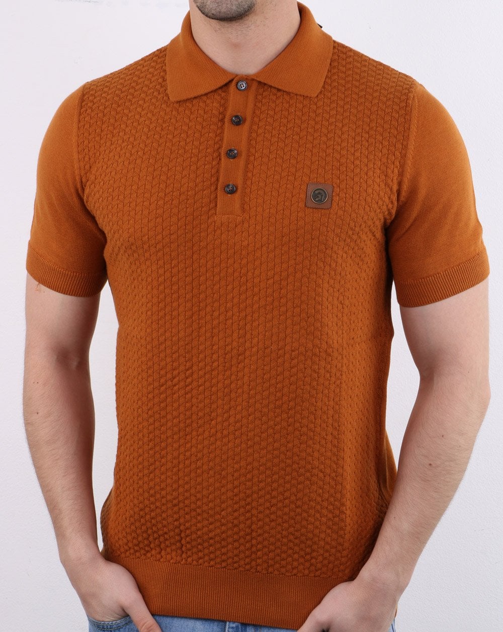 Trojan knitted pattern Polo Shirt Tan