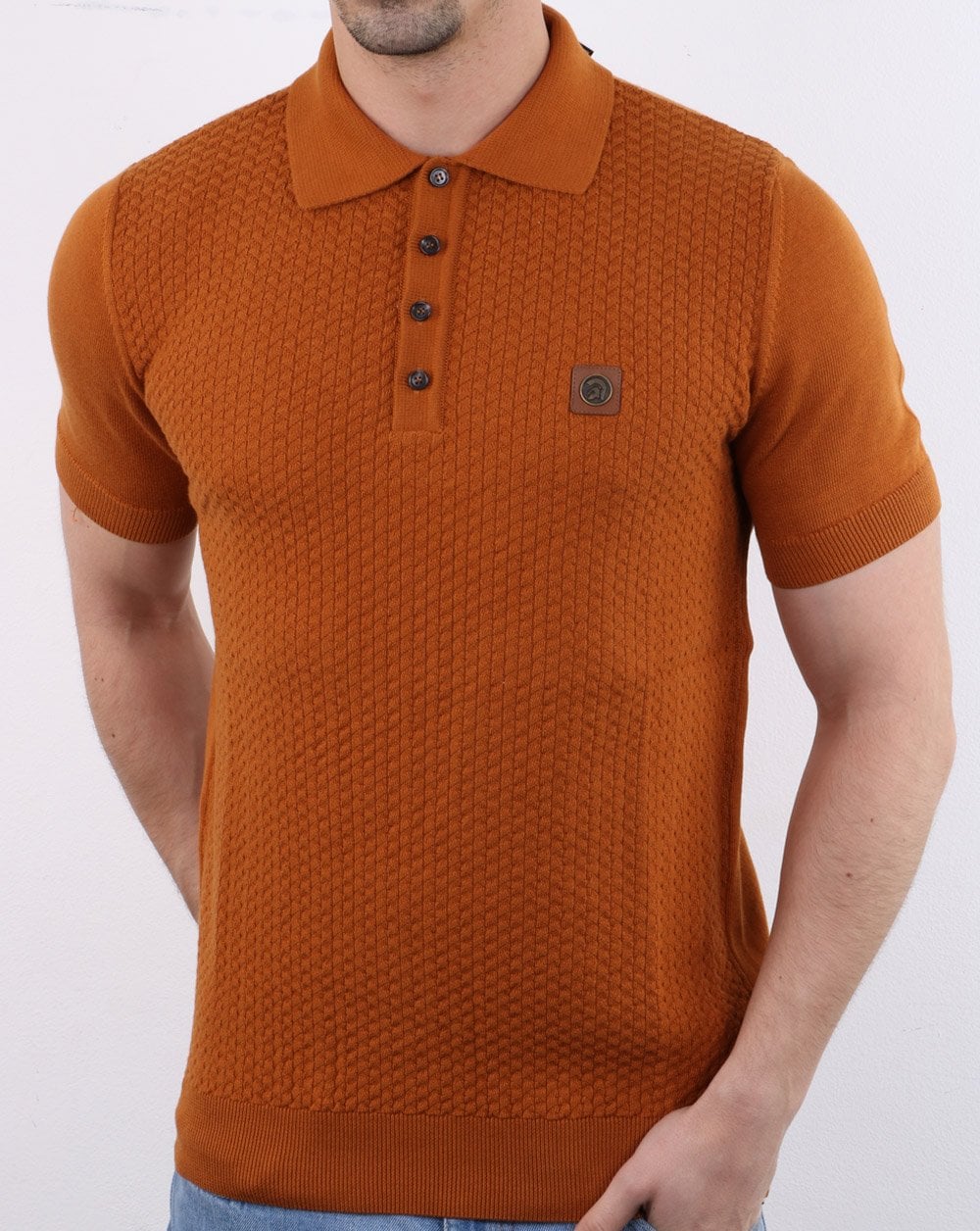 Trojan knitted pattern Polo Shirt Tan