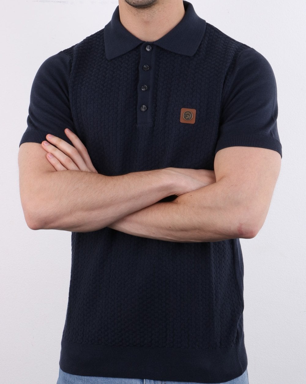 Trojan Knitted Pattern Polo Shirt Navy