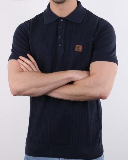 Trojan Knitted Pattern Polo Shirt Navy