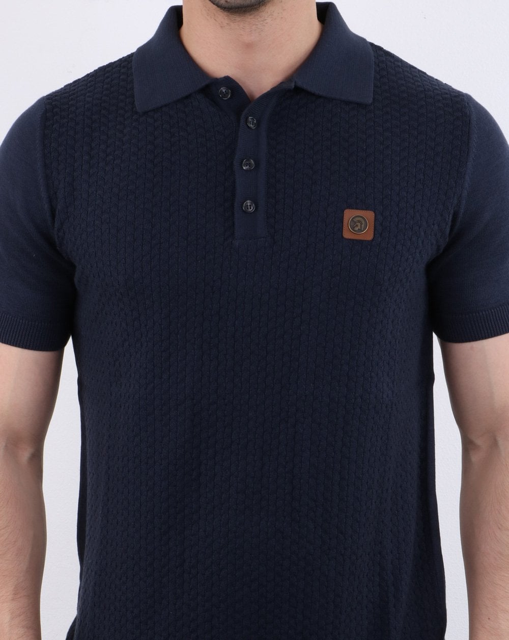 Trojan Knitted Pattern Polo Shirt Navy
