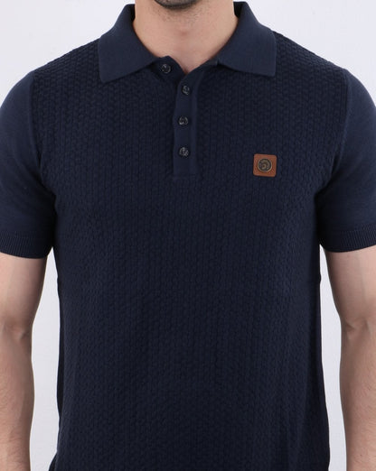 Trojan Knitted Pattern Polo Shirt Navy