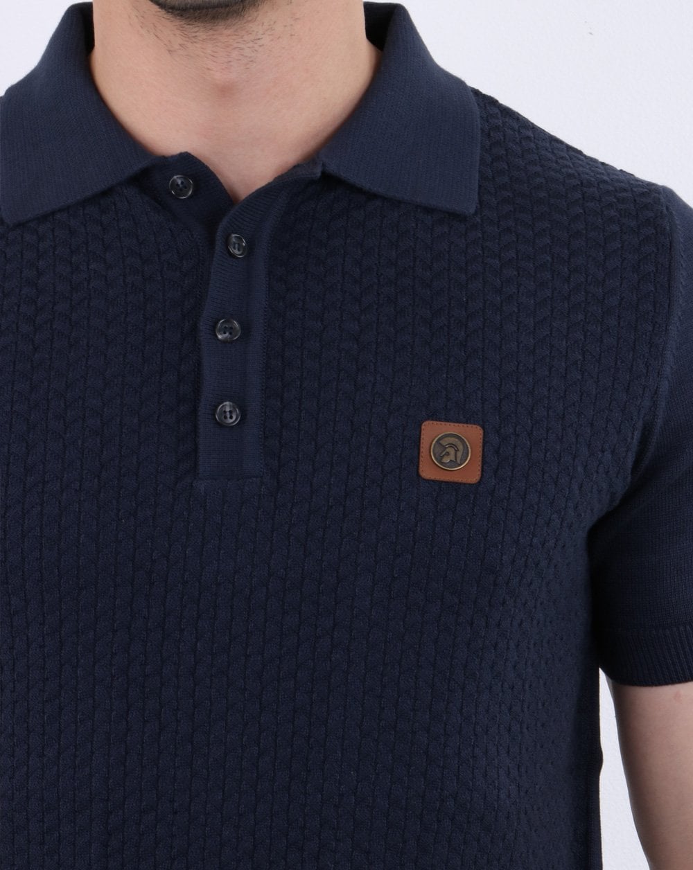 Trojan Knitted Pattern Polo Shirt Navy