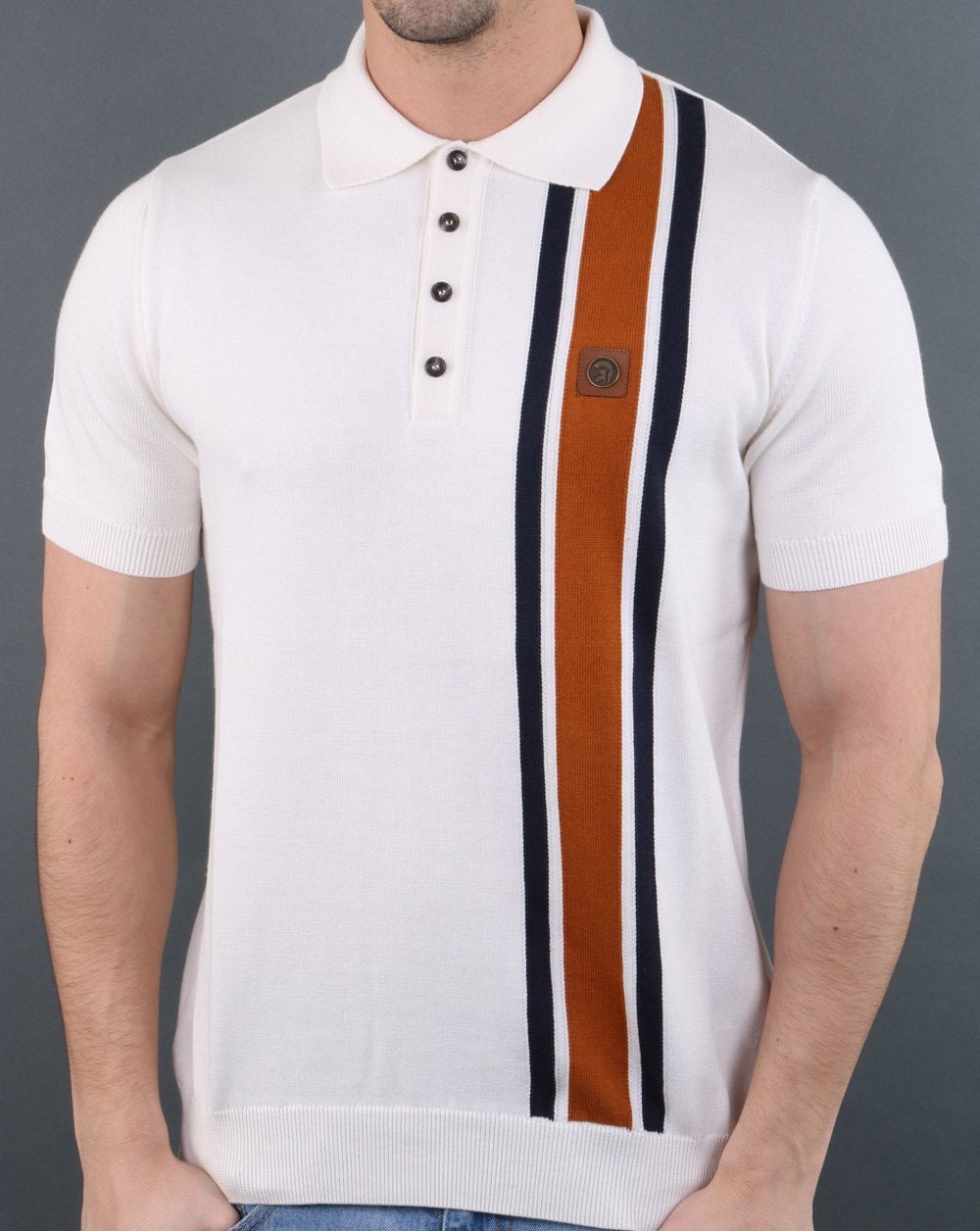 Trojan knitted Striped Polo Shirt Ecru
