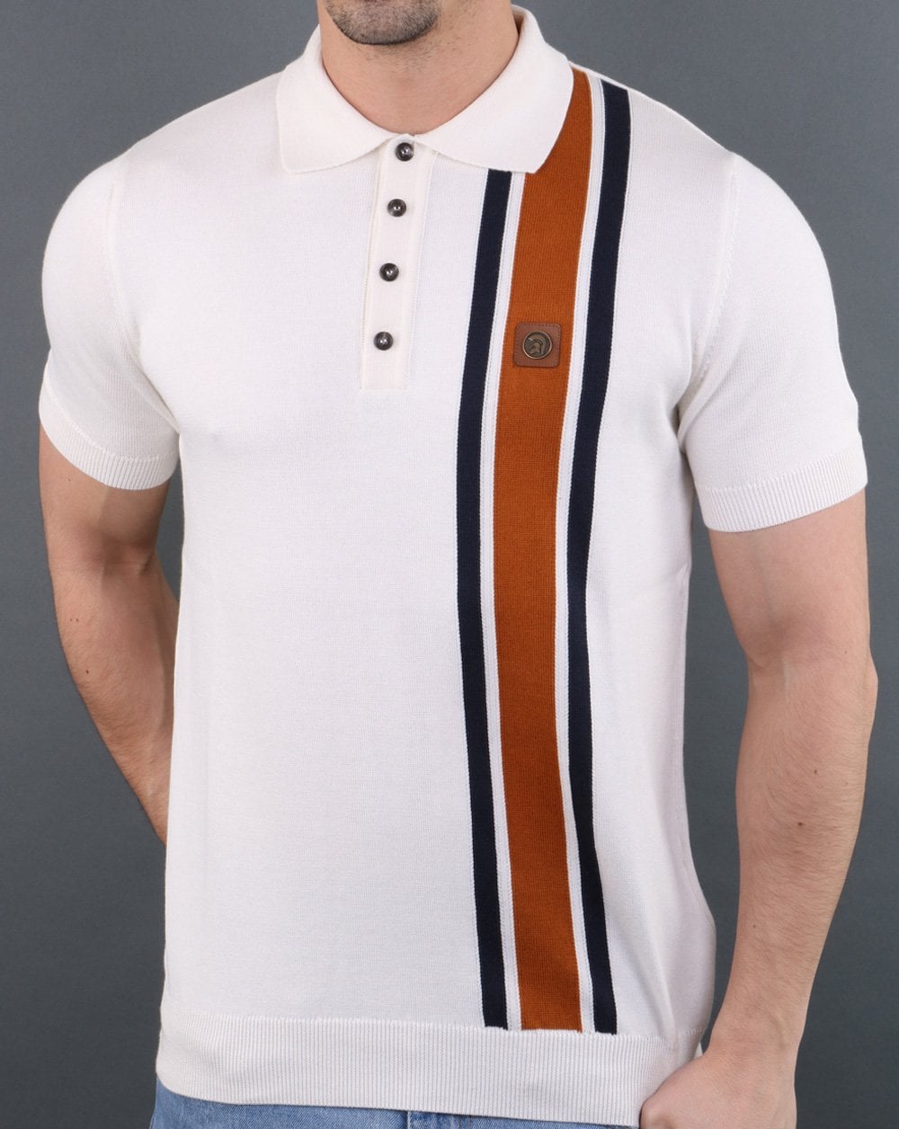 Trojan knitted Striped Polo Shirt Ecru