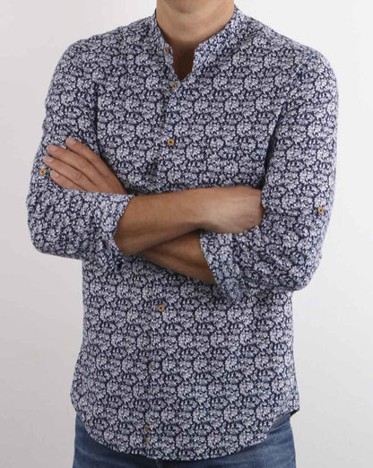 Benetton Grandad Collar Floral Shirt Navy