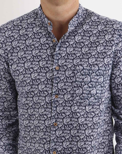 Benetton Grandad Collar Floral Shirt Navy