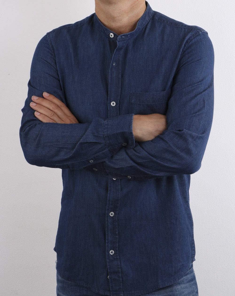 Benetton Grandad Collar Shirt Denim