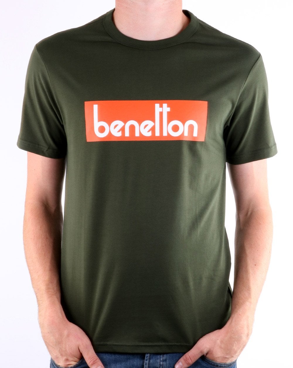 Benetton Box Logo T Shirt Military Green