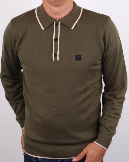 Gabicci Vintage Linekar Long Sleeve Polo Olive