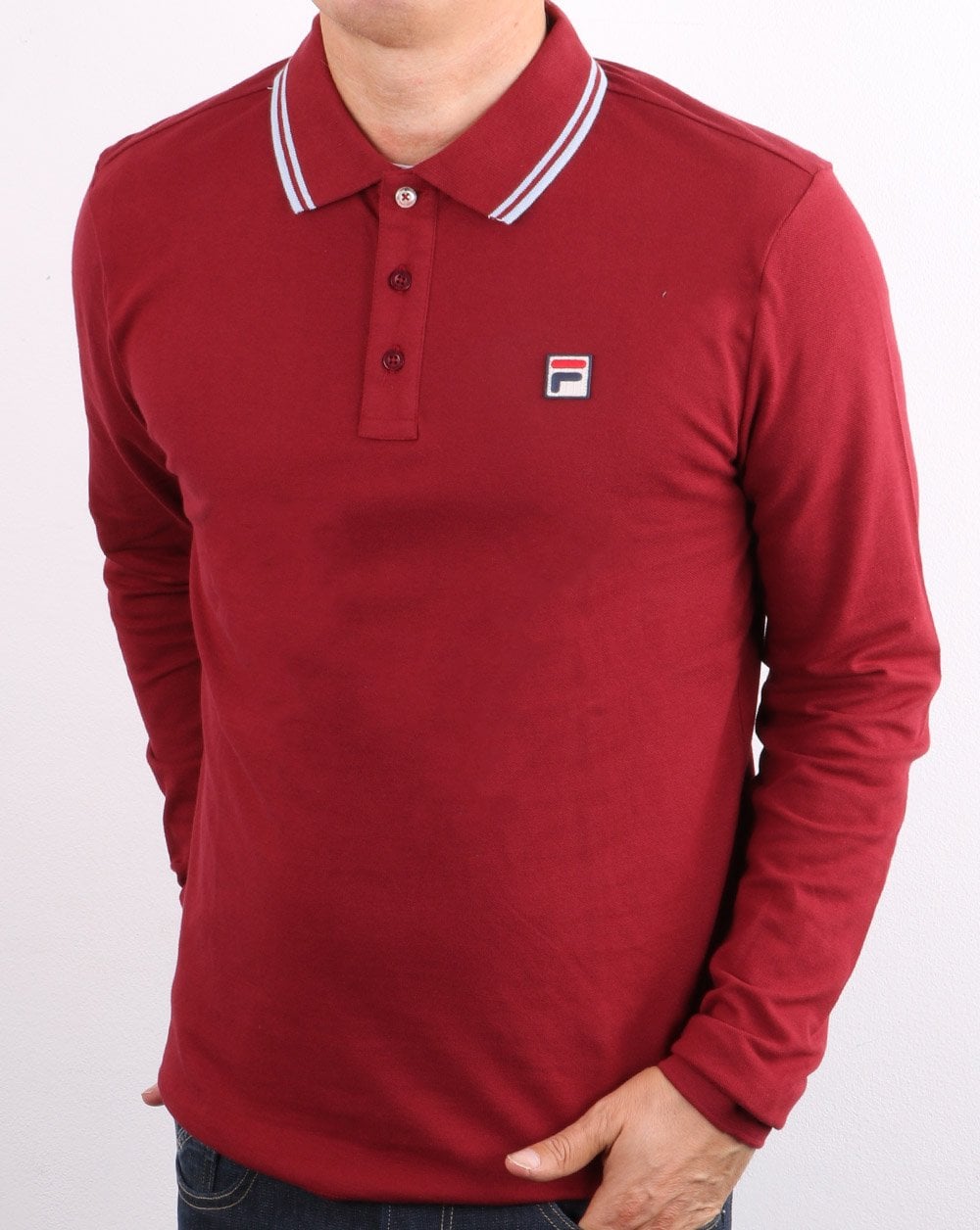 Fila Vintage Tipped Long Sleeve Polo Shirt Claret/Blue