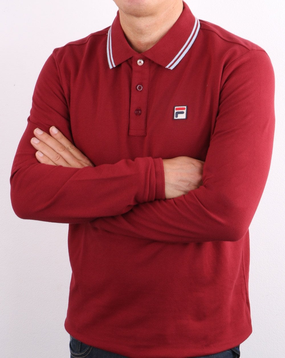 Fila Vintage Tipped Long Sleeve Polo Shirt Claret/Blue