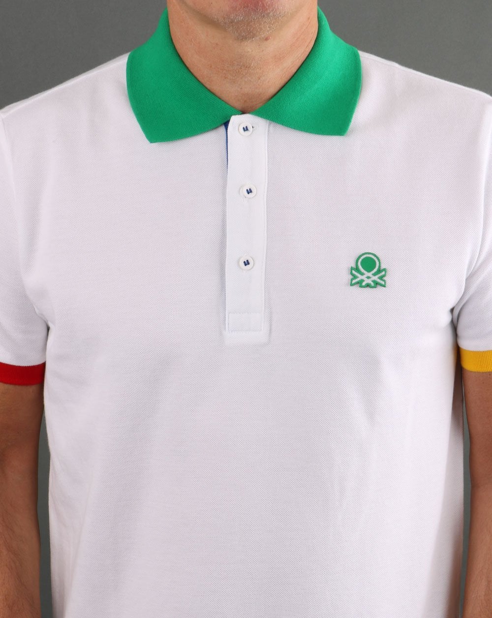 Benetton Iconic Multicolour Trim Polo Shirt White