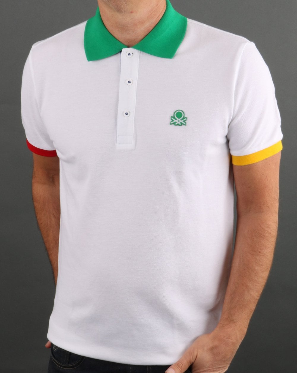Benetton Iconic Multicolour Trim Polo Shirt White