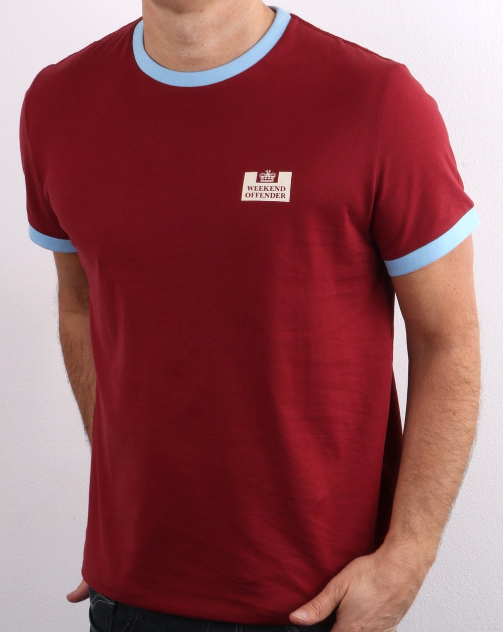 Weekend Offender Ringer Tee Claret/Sky Blue