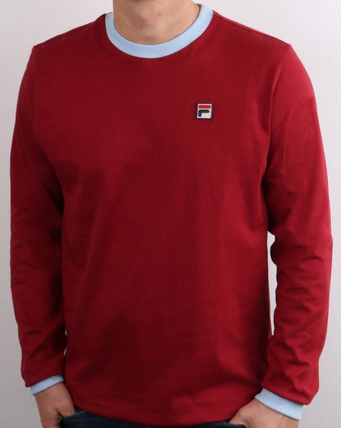 Fila Vintage Long Sleeve Ringer T Shirt Claret/Sky Blue