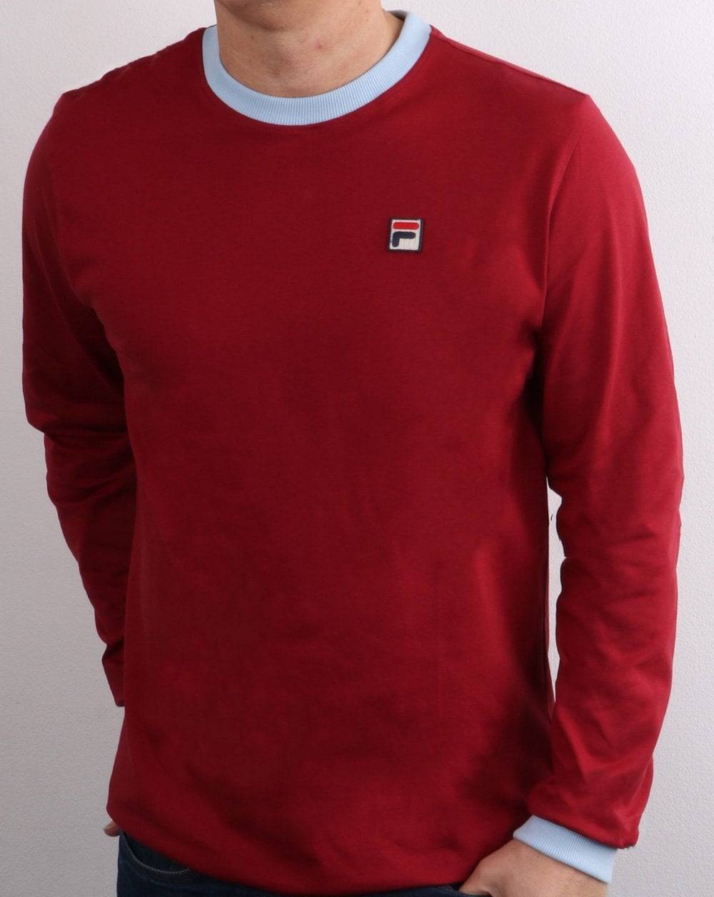 Fila Vintage Long Sleeve Ringer T Shirt Claret/Sky Blue