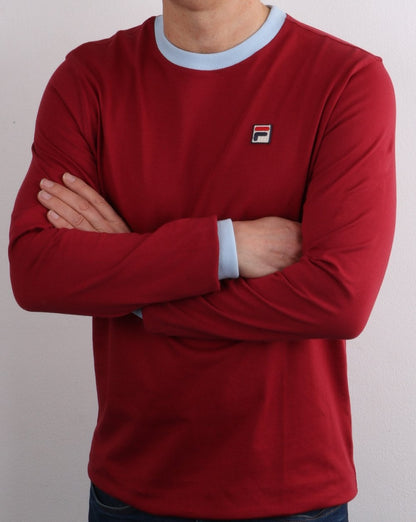 Fila Vintage Long Sleeve Ringer T Shirt Claret/Sky Blue