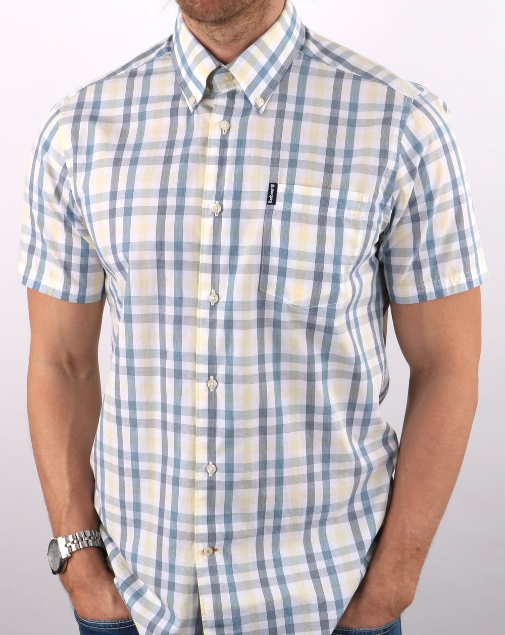 Barbour Tattersall Short Sleeve Shirt Aqua Blue