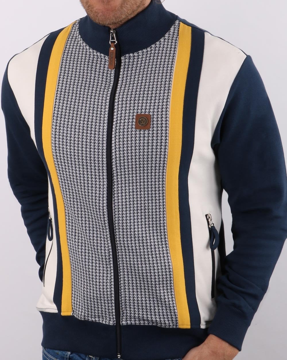 Trojan Houndstooth Panel Track Top Navy