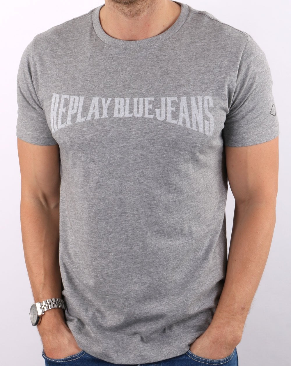 Replay Blue Jeans Logo T Shirt Grey Melange