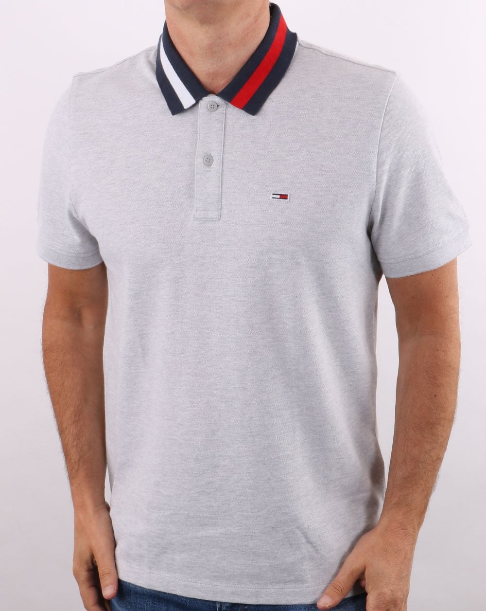 Tommy Jeans Flag Neck Polo Shirt Silver Grey Heather