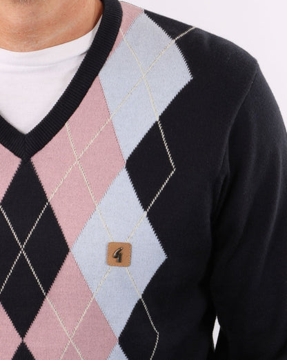 Gabicci Vintage Diamond V-Neck Knit Navy/Sky/Pink