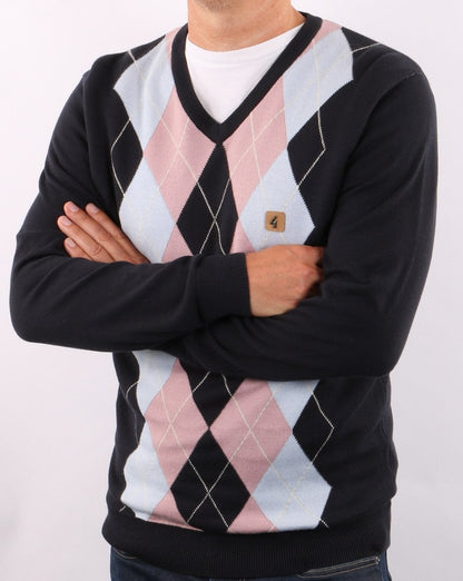 Gabicci Vintage Diamond V-Neck Knit Navy/Sky/Pink