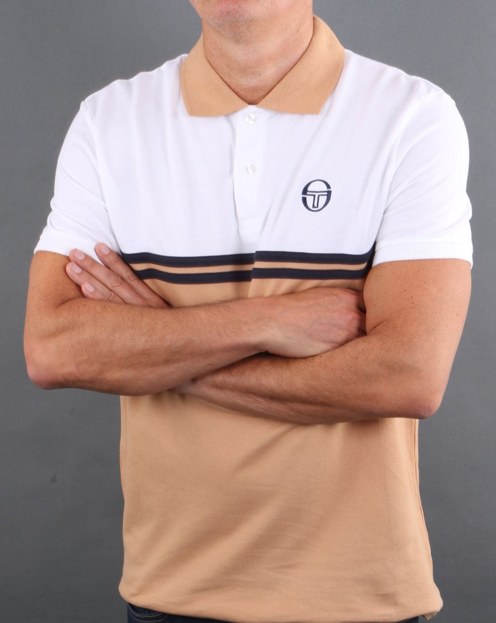Sergio Tacchini Split Polo Shirt White/Tan/Navy