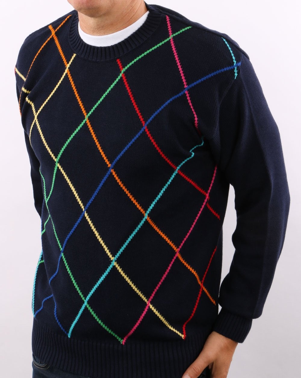 Benetton Classic Crew Neck Navy Multi Colour Knit