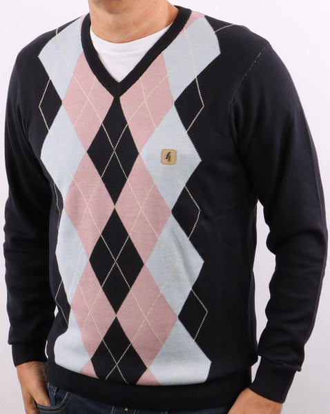 Gabicci Vintage Diamond V-Neck Knit Navy/Sky/Pink