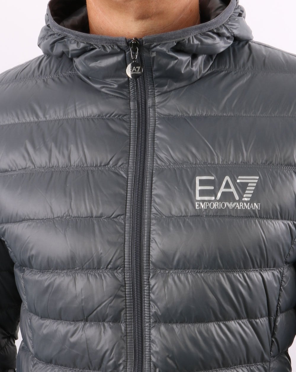 EA7 Core Logo Down Hooded Jacket Charcoal Grey