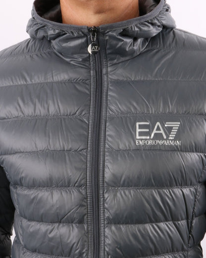 EA7 Core Logo Down Hooded Jacket Charcoal Grey