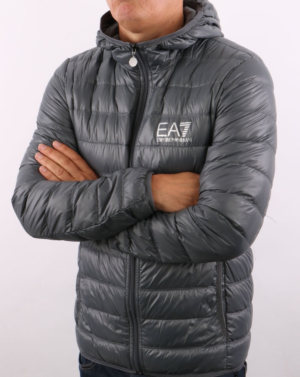 EA7 Core Logo Down Hooded Jacket Charcoal Grey