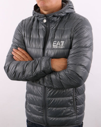 EA7 Core Logo Down Hooded Jacket Charcoal Grey