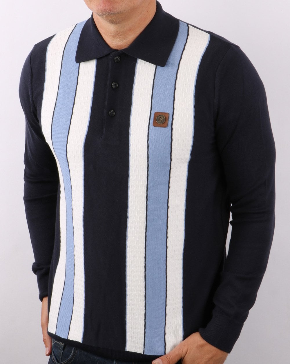 Trojan Stripe Knitted Polo Shirt Navy