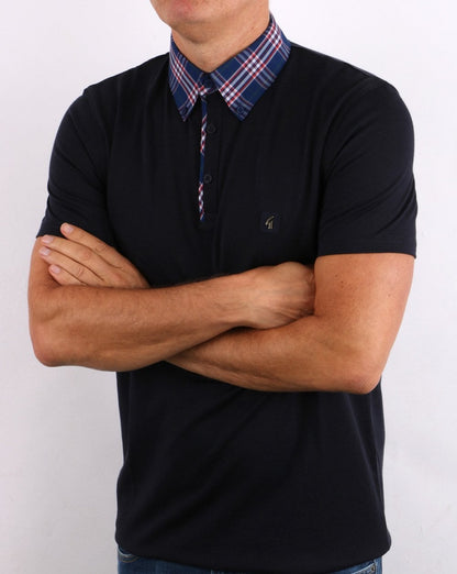 Gabicci Vintage Check Collar Polo Navy/Red