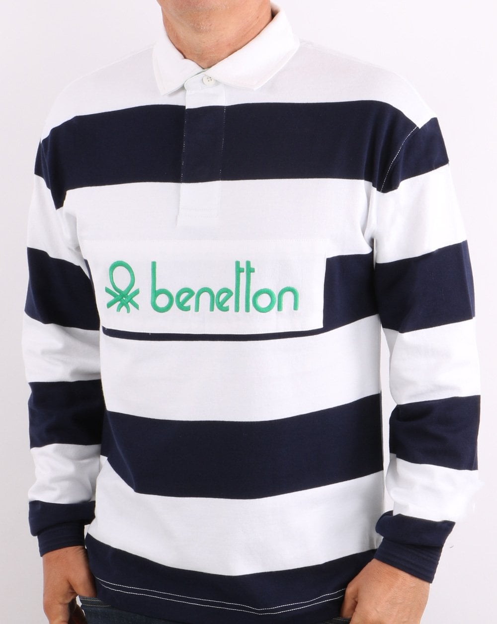 Benetton Striped Rugby Shirt Navy/White