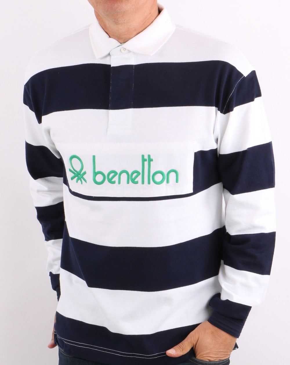 Benetton Striped Rugby Shirt Navy/White