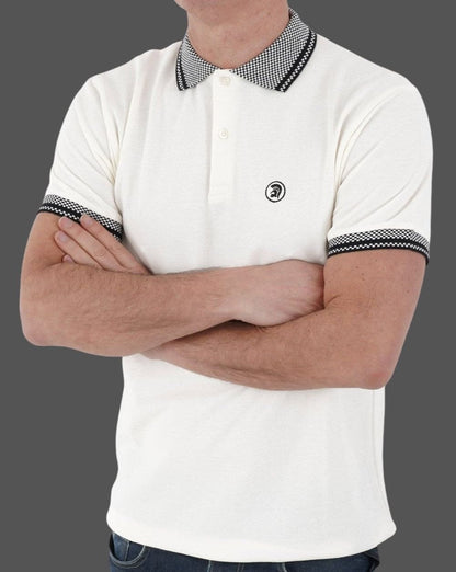 Trojan Chequerboard Trim Polo Shirt Ecru