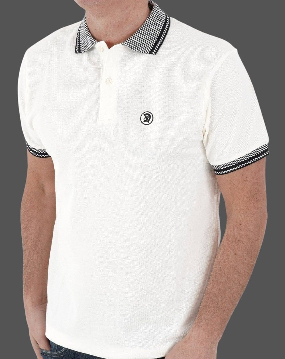 Trojan Chequerboard Trim Polo Shirt Ecru