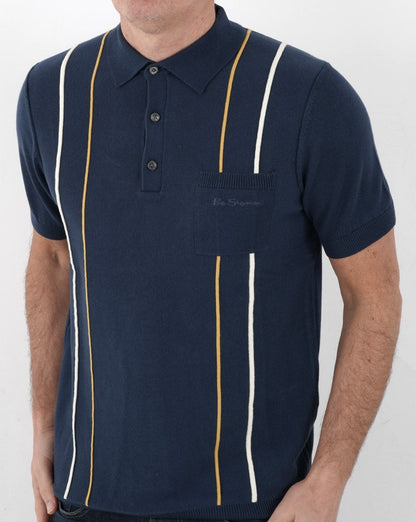 Ben Sherman Minimal Mod Stripe Knit Polo Shirt Blue