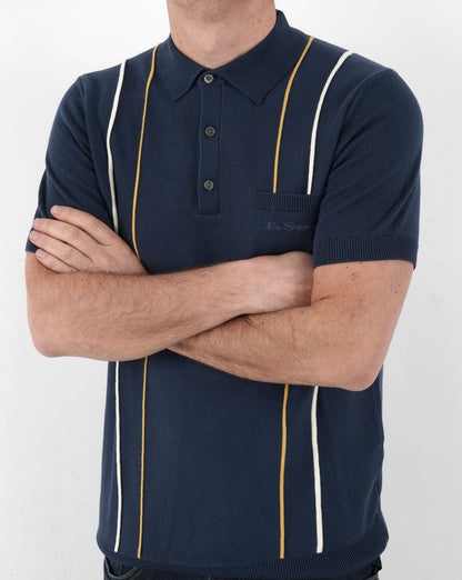 Ben Sherman Minimal Mod Stripe Knit Polo Shirt Blue