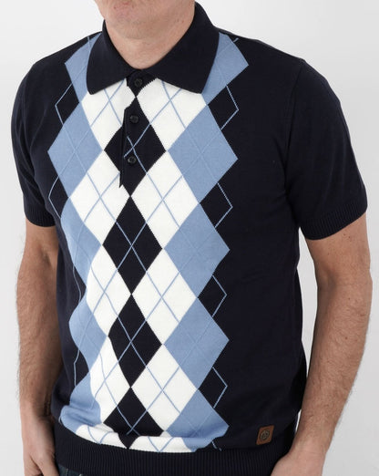 Trojan Argyle Fine Knit Polo Navy
