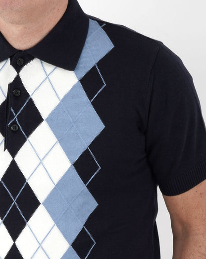 Trojan Argyle Fine Knit Polo Navy